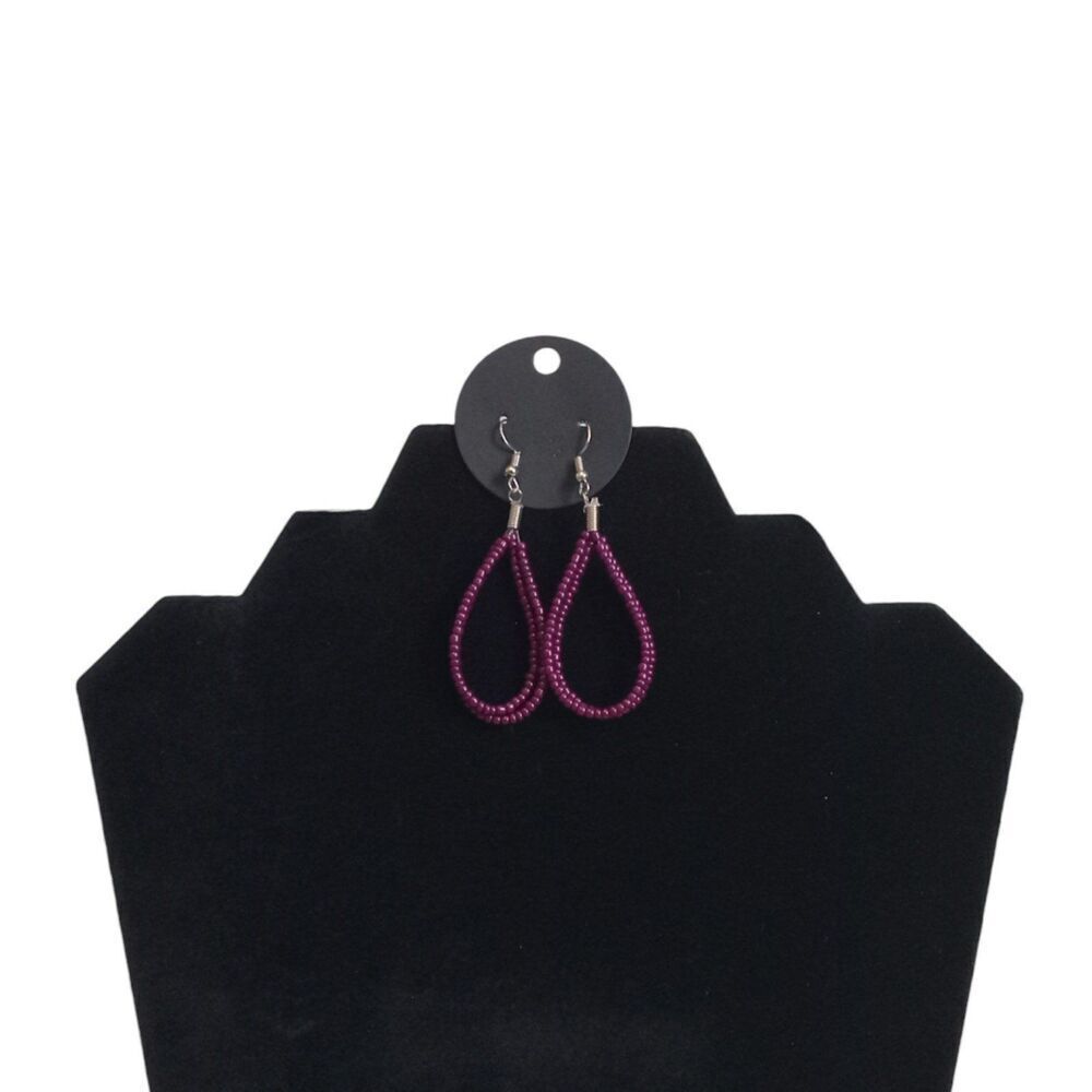 Dark Purple Seed Beaded Double Teardrop Shaped Lightweight Dangle Drop Earrings